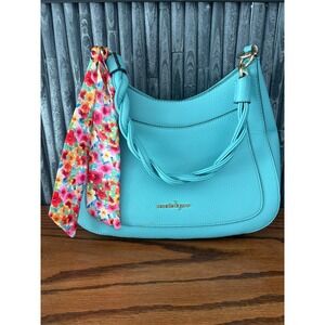Nanette Lepore Turquoise Blue Pebbled Hobo Bag Braided Strap Floral Scarf Accent